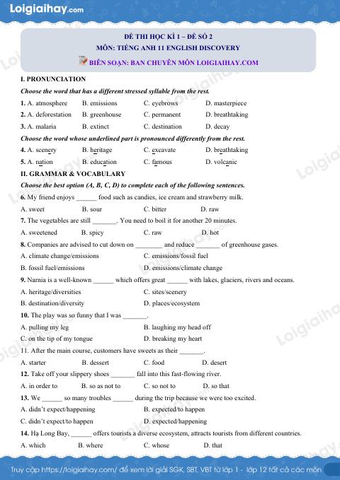 Đề thi học kì 1 Tiếng Anh 11 English Discovery - Đề số 2
